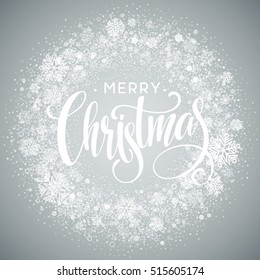 Merry Christmas lettering design with white snowflakes on gray gradient background. Vector illustration EPS10