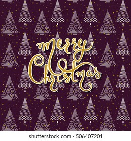 Merry Christmas lettering design. Xmas composition. Holiday winter poster on the background of Christmas tree. Calligraphy inscription about Christmas 2017