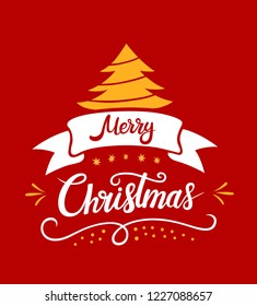 Merry Christmas lettering designs. Vector white and yellow illustrations with a Christmas tree stars on a red background. Calligraphic hand drawn font
