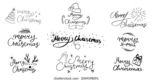 Merry christmas lettering with different elements collection.Winter decor elements for the design of greeting cards.Isolated lettering on a white background.