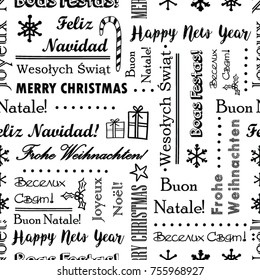 Merry Christmas lettering in different languages. Seamless pattern template for wrapping paper, holiday fabric, postcard.