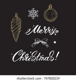 Merry Christmas lettering and christmas elements on a black background. Vector illustration