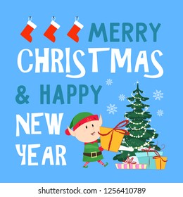 Merry Christmas lettering, elf, fir-tree, gifts and socks. Christmas greeting card. Handwritten text, calligraphy. For leaflets, brochures, invitations, posters or banners.