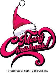 Merry Christmas lettering and Christmas elf hat. Suitable for postcard, advertising, poster, congratulation, announcement. Isolated on a transparent background.