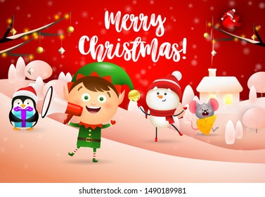 Merry Christmas lettering, elf with megaphone, snowman, mouse. Christmas greeting card. Handwritten text, calligraphy. For leaflets, brochures, invitations, posters or banners.