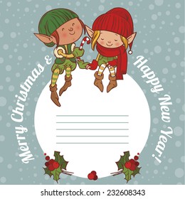 Merry Christmas lettering with elves greet each other