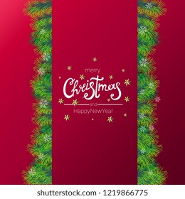 merry Christmas and lettering, fir branches, on red background, banner vector