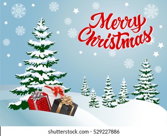 Merry Christmas Lettering and Fir Trees