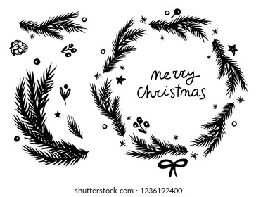 Merry Christmas lettering, fir wreath, branch and cone set. Black and white hand drawn elements for holiday design