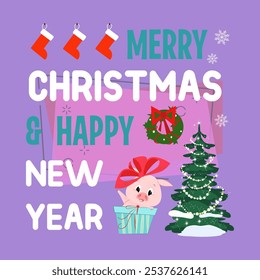 Merry Christmas lettering with fir-tree, piglet and wreath. Christmas greeting card. Handwritten text, calligraphy. For leaflets, brochures, invitations, posters or banners.