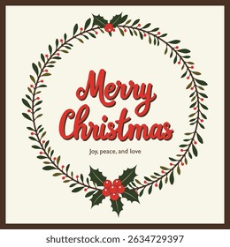 Merry Christmas lettering with floral wreath frame. Vector illustration
