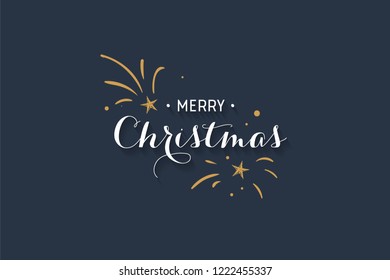 Merry christmas lettering font text card. Typography inscription decoration poster type winter holiday art design ribbon old style star. Vector illustration blue background.