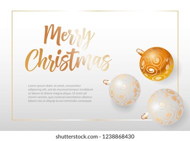 Merry Christmas lettering in frame with baubles. Christmas greeting card. Handwritten text, calligraphy. For leaflets, brochures, invitations, posters or banners.