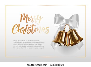 Merry Christmas lettering in frame with bells. Christmas greeting card. Handwritten text, calligraphy. For leaflets, brochures, invitations, posters or banners.