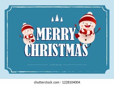 Merry Christmas lettering in frame and cheerful snowmen. Christmas greeting card. Typed text, calligraphy. For leaflets, brochures, invitations, posters or banners.