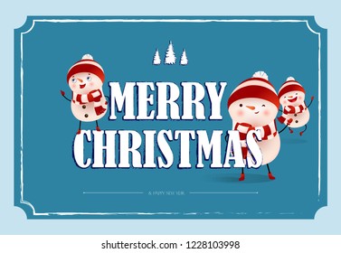 Merry Christmas lettering in frame and funny snowmen. Christmas greeting card. Typed text, calligraphy. For leaflets, brochures, invitations, posters or banners.