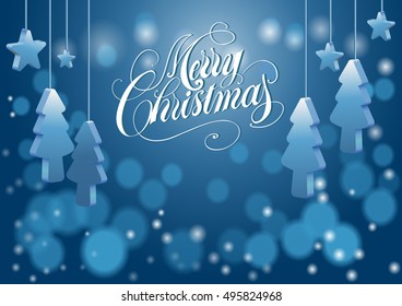 Merry christmas  lettering freehand on blue bokeh background eps10