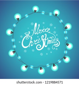 merry Christmas and lettering, garland, snowflake, on blue background, banner vector