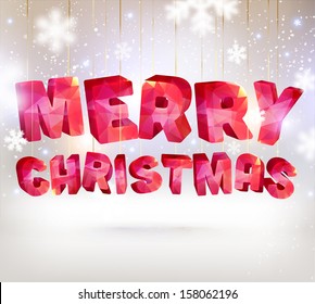 Merry Christmas lettering, geometric mosaic letters, blurred snowflakes, soft silver background