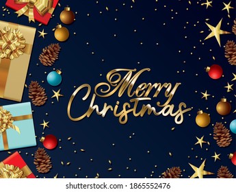 merry christmas lettering with gifts boxes, stars and balls vector illustration design