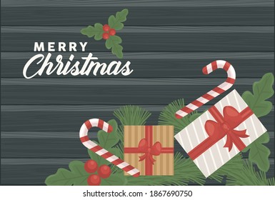 merry christmas lettering with gifts and canes sweet vector illustration design