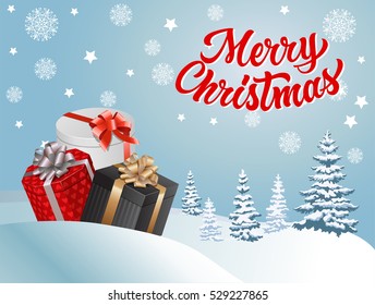 Merry Christmas Lettering, Gifts in Forest