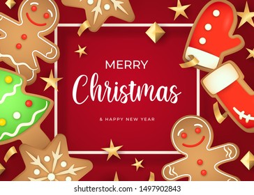 Merry Christmas lettering and gingerbread cookies. Christmas greeting card. Handwritten and typed text, calligraphy. For leaflets, brochures, invitations, posters or banners.