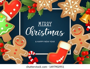 Merry Christmas lettering, gingerbread cookies, mistletoe. Christmas greeting card. Handwritten and typed text, calligraphy. For leaflets, brochures, invitations, posters or banners.