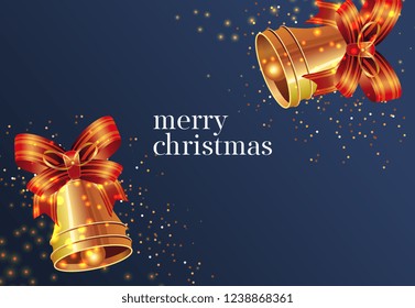 Merry Christmas lettering with gold bells. Christmas greeting card. Typed text, calligraphy. For leaflets, brochures, invitations, posters or banners.