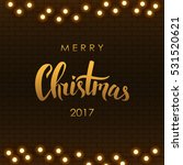 Merry Christmas lettering. Gold Christmas calligraphy. Light bulbs, realistic retro garland, background with yellow glowing lights on dark brown background. Vector illustration.