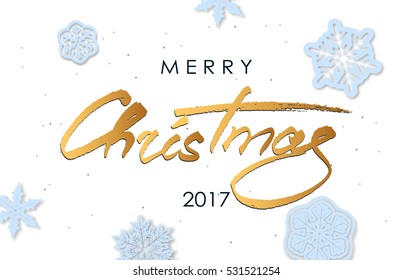 Merry Christmas lettering.  Gold Christmas calligraphy. Holiday greeting card. Vector illustration.