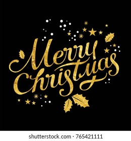 Merry Christmas lettering with a Christmas gold decor, glittering stars and gold glitter for the holiday printing, postcard, poster, banner, invitation, Sale banner, web. Vector illustration