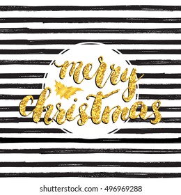 Merry Christmas lettering, gold glitter tree. Hand drawn vector illustration