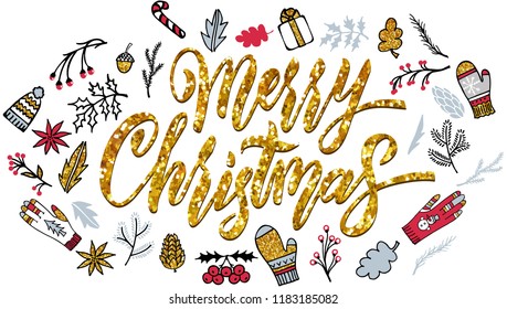 Merry christmas lettering with gold. Christmas icon holidays elements white background, red, gold and gray colors.