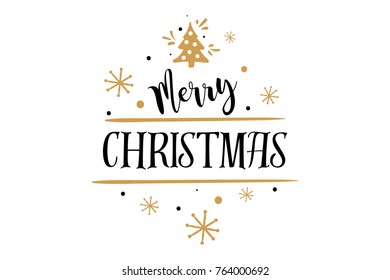 Merry christmas lettering gold text card. Typography inscription decoration poster type winter holiday art design tree, old style snow. Vector illustration isolated background