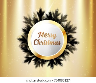 Merry Christmas lettering with gold and white circles and tree branches on lighting background.Vector illustration.