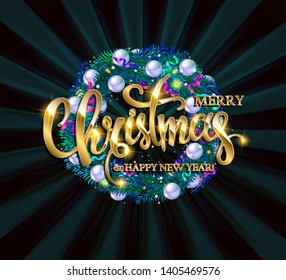 Merry Christmas lettering with golden and color ornaments and wreath decoration of stars, snowflakes. Merry Christmas calligraphic greeting card. Vector illustration