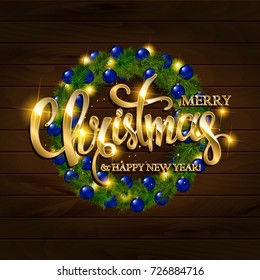 Merry Christmas lettering with golden ornaments and wreath decoration of balls, snowflakes. Merry Christmas and Happy New year calligraphic greeting card