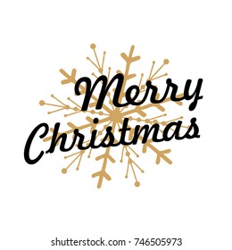 Merry Christmas lettering with golden ornaments and wreath decoration of snowflakes.