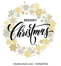 Merry Christmas lettering with golden and silver ornaments and wreath decoration of stars, snowflakes. Merry Christmas calligraphic greeting card