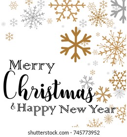 Merry Christmas lettering with golden and silver ornaments and wreath decoration of stars, snowflakes. Merry Christmas calligraphic greeting card