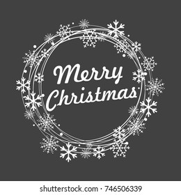 Merry Christmas lettering with golden and silver ornaments and wreath decoration of stars, snowflakes. Merry Christmas calligraphic greeting card