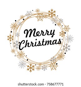 Merry Christmas lettering with golden and silver ornaments and wreath decoration of stars, snowflakes. Merry Christmas calligraphic greeting card