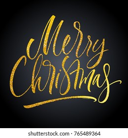 Merry Christmas Lettering with golg texture. Handwritten modern calligraphy, brush painted letters. Vector illustration. Template for banners, posters, postcards, greeting cards or photo overlays.