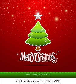 Merry Christmas lettering green tree background, vector illustration