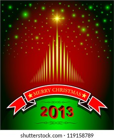 Merry Christmas lettering green tree background, vector illustration