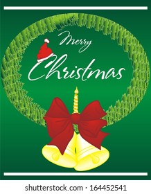 Merry Christmas lettering green tree background, vector illustration