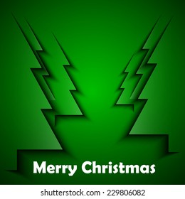 Merry Christmas lettering green tree background, vector illustration