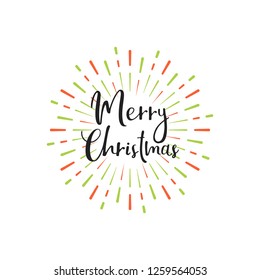 Merry Christmas lettering greeting card design. Firework background