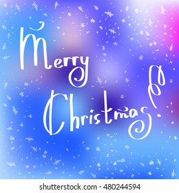 Merry Christmas lettering Greeting Card. Vector illustration. Blurred background with lights.